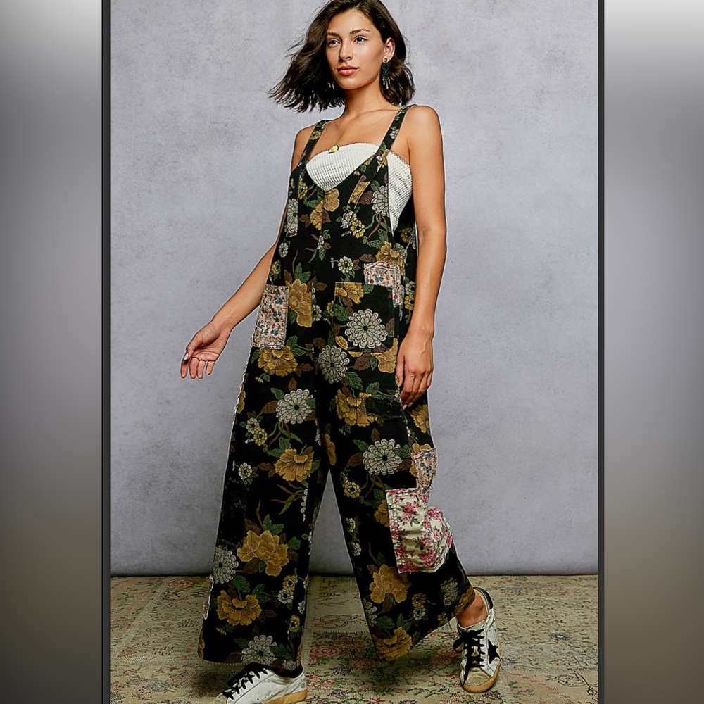 NEW! POL Black Floral and Patchwork Denim Jumpsuit. Large. NWOT. Never worn.